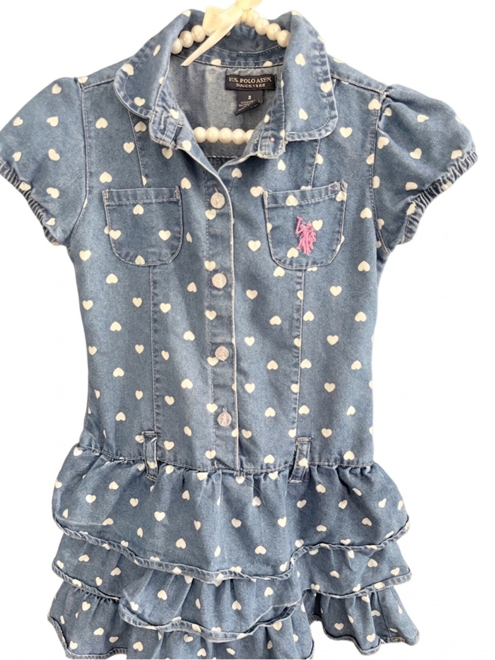 Ralph Lauren Denim Heart Ruffle Polo Dress with Pink Pony